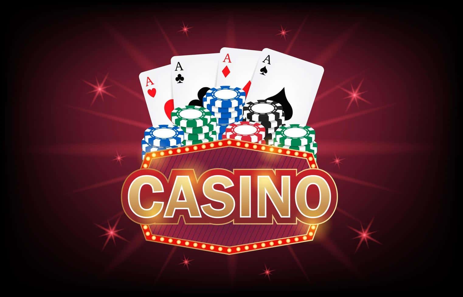 ภาพประกอบป้ายไฟคำว่า Casino พร้อมไพ่เอซสี่ใบและกองชิปบนพื้นหลังสีแดง