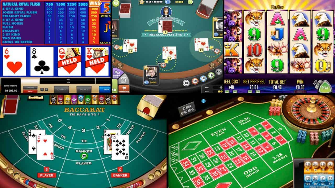 ภาพตัดต่อหน้าจอเกมวิดีโอโป๊กเกอร์ แบล็กแจ็ก สล็อต บาคาร่า และรูเล็ตต์