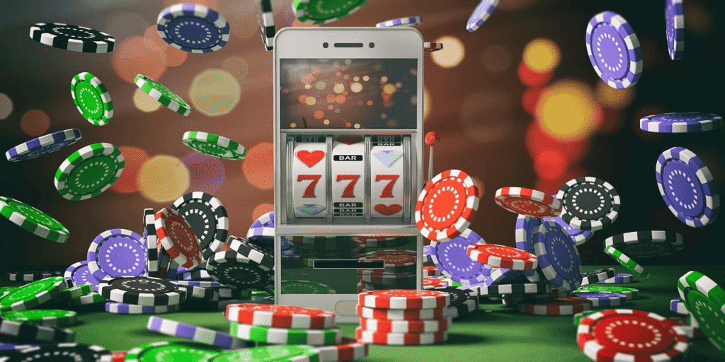 สมาร์ทโฟนแสดงสล็อต 777 ท่ามกลางชิปคาสิโนที่ลอยอยู่