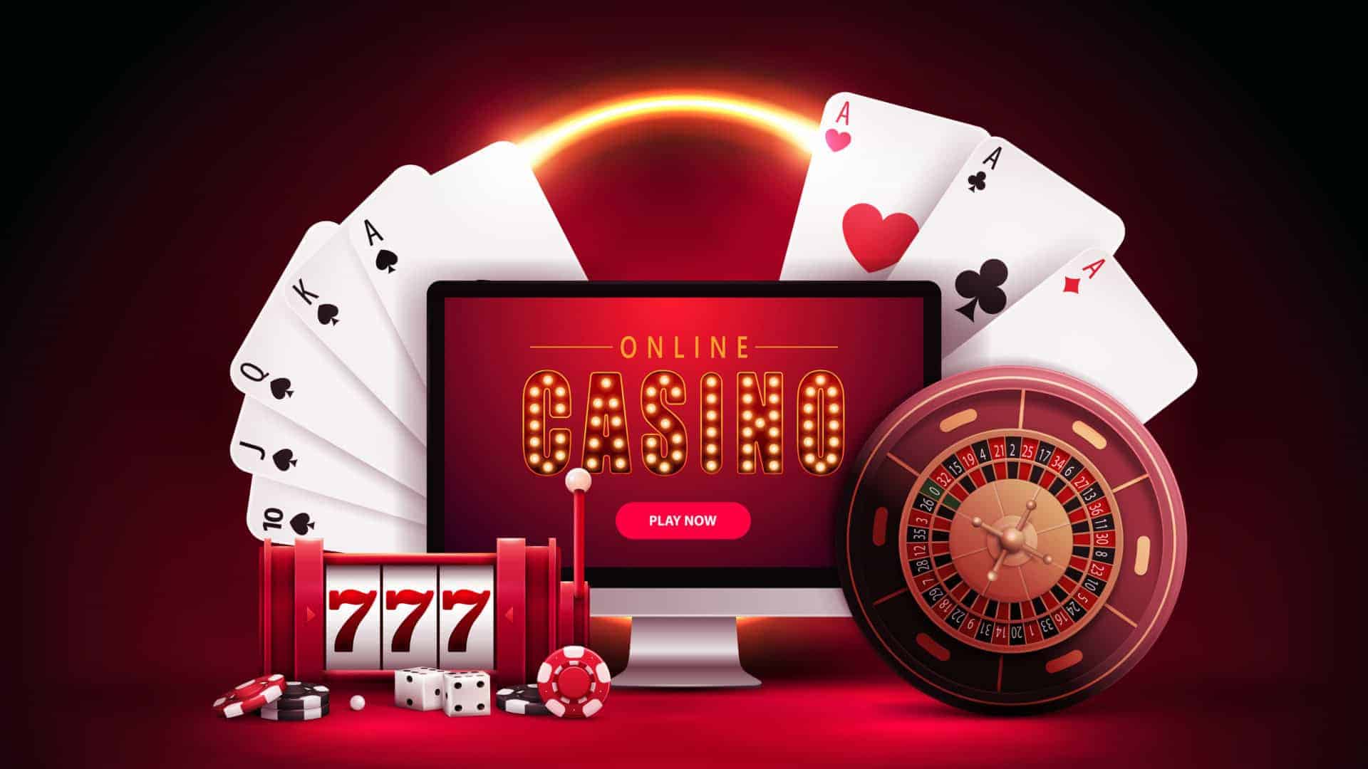 หน้าจอคอมพิวเตอร์แสดงคำว่า Online Casino พร้อมไพ่ สล็อต รูเล็ตต์ และชิป